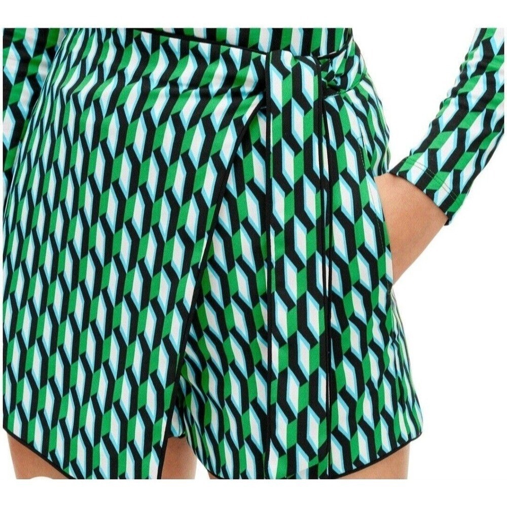 Diane Von Furstenberg Green Geometric Print Wrap Skort with Side Tie and Pockets